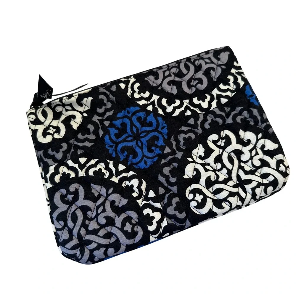 Vera Bradley Cosmetic Bag Pouch Black Blue Medallion Pattern Quilted Zip Closure
